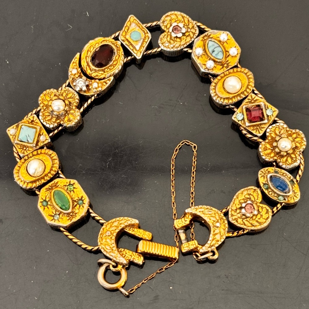 Vintage  Goldette NY unsigned Variety 3D Charms Slides Bracelet Safety Chain 50s